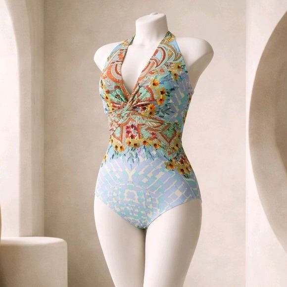 Johnny Was Other - Johnny Was Floral Geometric Twist Front Halter One Piece Swimsuit Blue XL